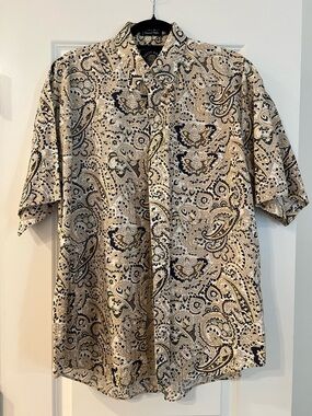 Men's Paisley Short-Sleeve Button-Up Shirt - Beige/Navy Salty Dog Size Large